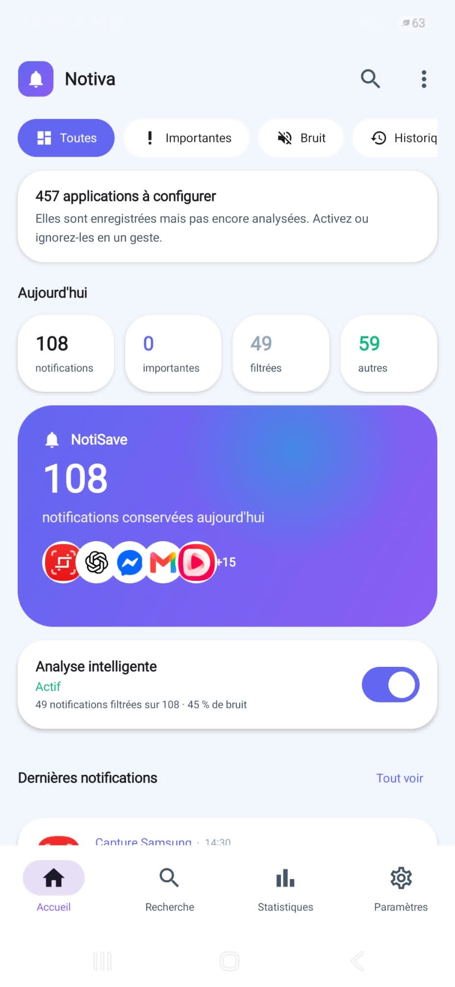 Écran de l’application Notiva