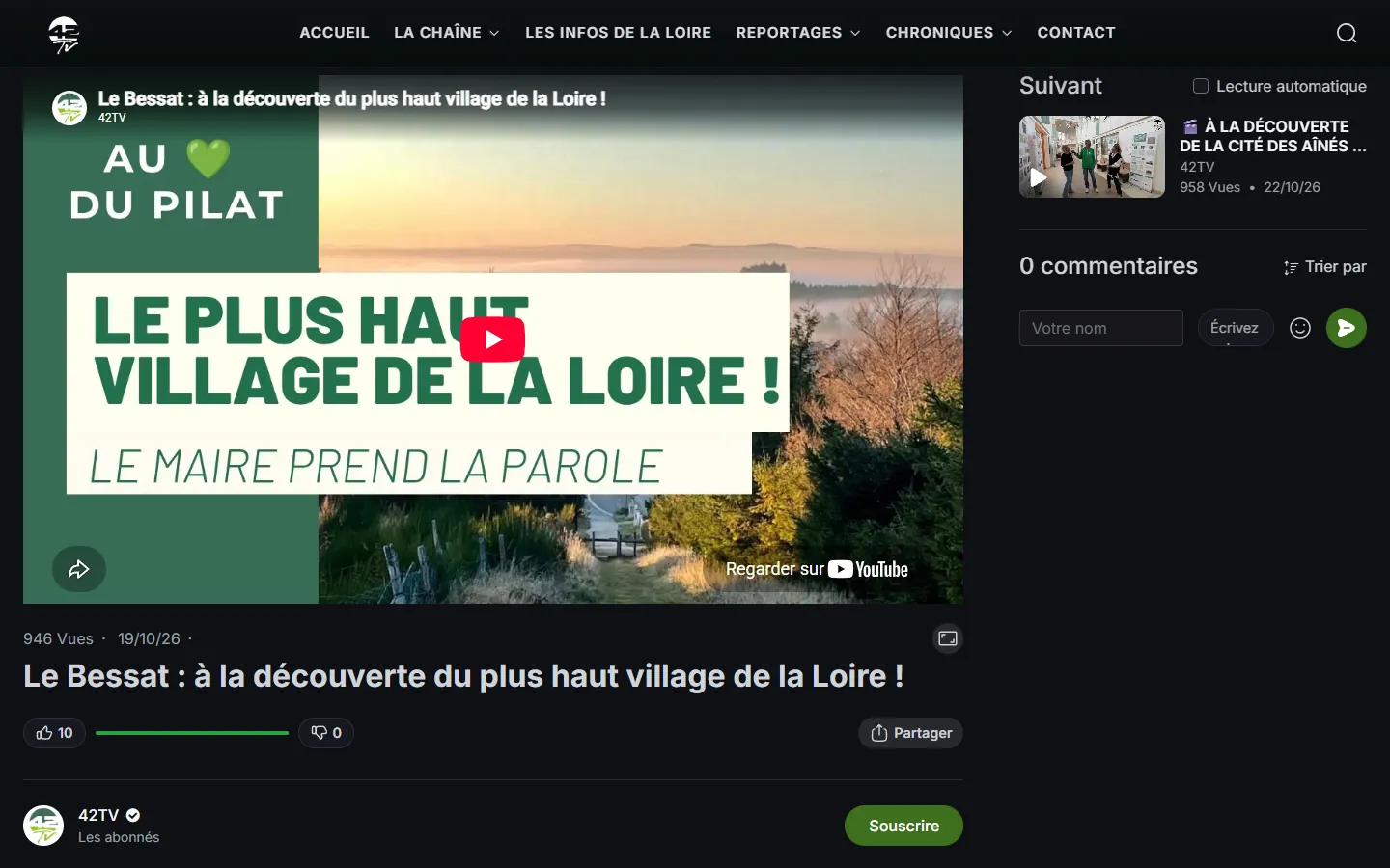 Page vidéo : lecteur, réactions, abonnement et vidéo suivante